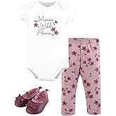 Hudson Baby Unisex Baby Cotton Bodysuit, Pant and Shoe Set, Plum Wildflower, 6-9 Months