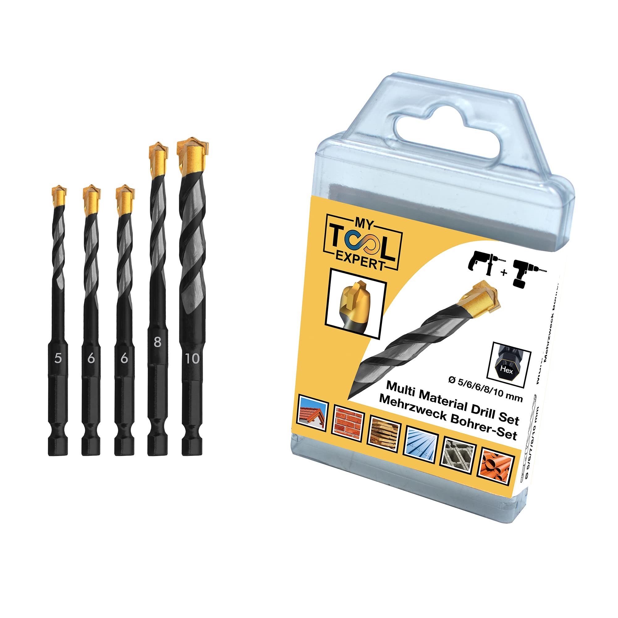 Multi-Material-Bohrer Ø 5,6,6,8,10 mm - Professionelles Bohrerset mit Hex-9 Bitaufnahme, ideales Zubehör für Akku-/Schlagschrauber, Bohrer für Stein, Ziegel, Fliesen, Holz, Kunststoff, Metall