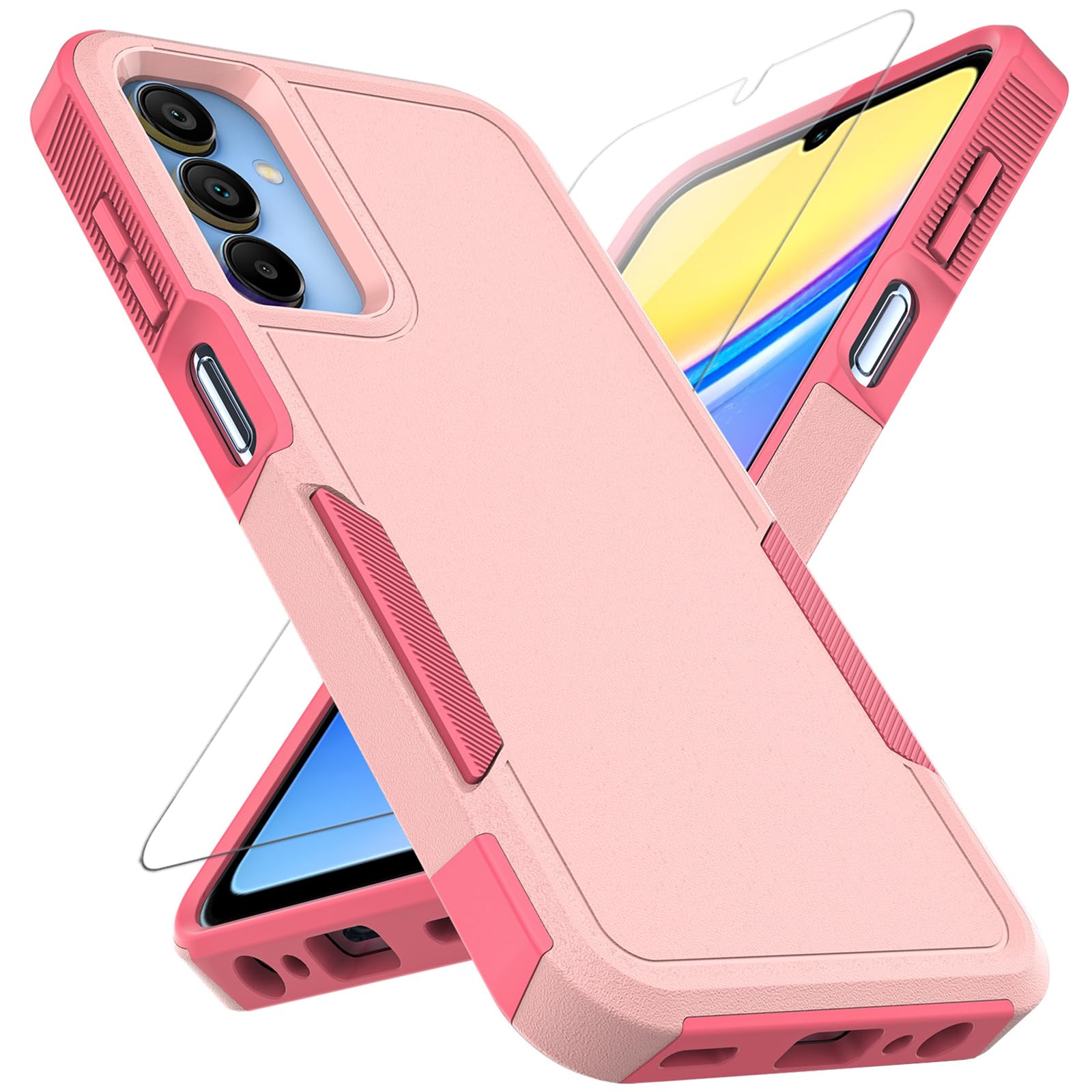 for Samsung Galaxy A15 5G Case: Dual Layer Protective Heavy Duty Cell Phone Cover Shockproof Rugged with Screen Protector - Military Protection Bumper Tough - Samsung Galaxy A15 5G 2024, Pink