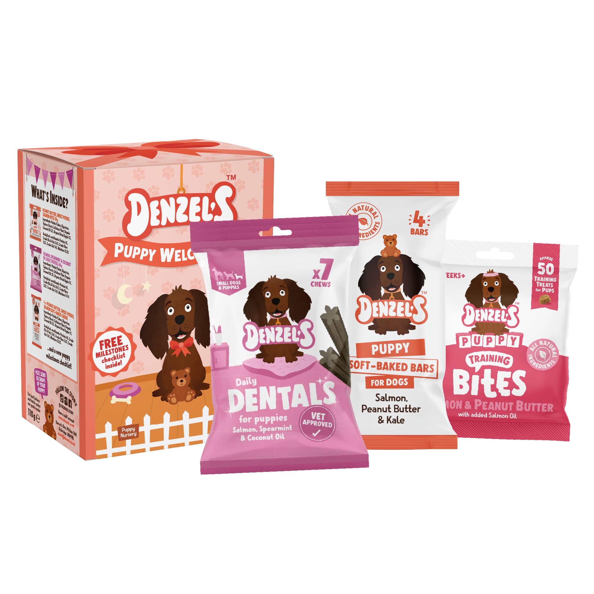 Denzel's All Natural Puppy Treats Welcome Kit - Puppy Training Bites, Daily Dentals & Soft Baked Bars - 96g