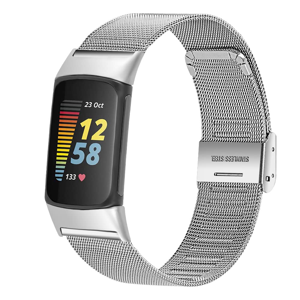 Chofit Replacement Strap Compatible with Fitbit Charge 6/Charge 5 Straps, Woven Metal Stainless Steel Replacement Bands Business Wristband for Charge 5 Activity Tracker (Silver)