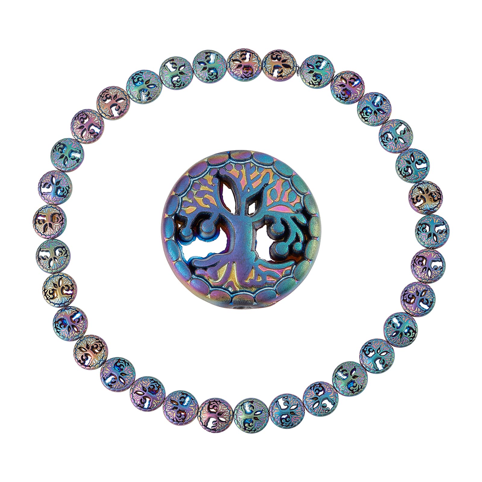 SUNNYCLUE 1 Box 32Pcs Tree Of Life Beads Non-magnetic Synthetic Hematite Beads Strand Flat Round Fortune Tree Bead for Adults DIY Earring Necklace Bracelet Jewellery Making Crafts