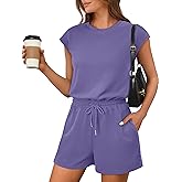 ANRABESS Rompers for Women Summer 2026 Casual Cap Sleeve Crewneck Drawstring One Piece Jumpsuit Outfits with Pockets