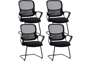 Sweetcrispy Reception Chair No Wheels, Stationary Non Rolling Mesh Mid Back Computer Guest Side with Lumbar Support for Waiting Area Reception Conference Room, Set of 4, Modern Black