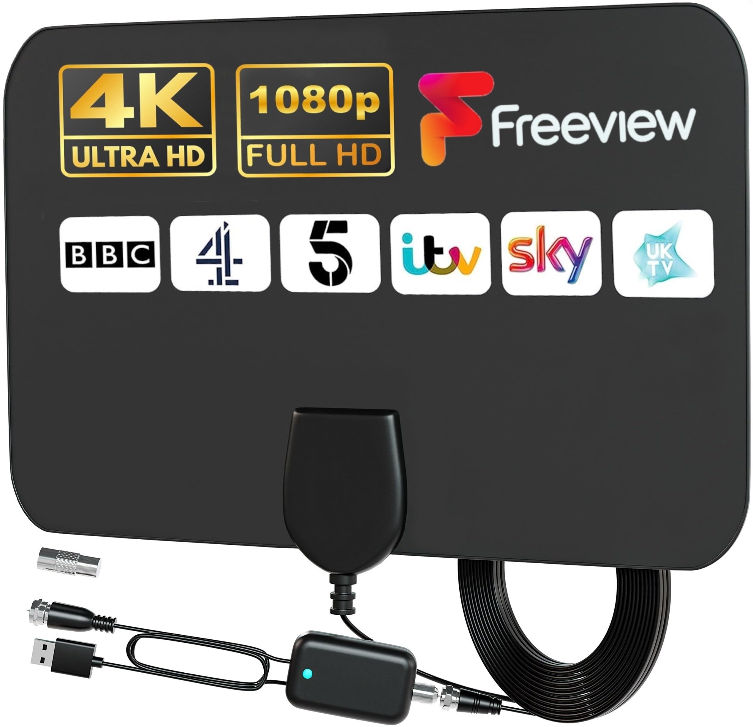 GLOBAL TECH TV Aerial Indoor – Digital Indoor TV Ariels 250+ Miles Long Range Amplified Digital TV Antenna with Signal Booster and 13 ft Long Cable for UK Freeview Channels