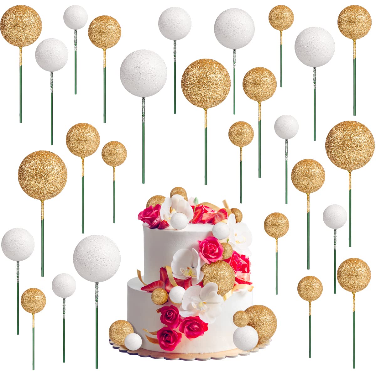 66pcs Balloon Cake Topper, Glitter Foam Ball Cake Toppers Mini Balloon Cupcake Toppers Round DIY Cake Picks Insert Topper Baking Cake Decoration for Birthday Wedding Baby Shower Decor (Gold&White)