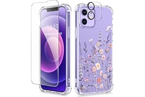 GVIEWIN for iPhone 12 Case and iPhone 12 Pro Case with Screen Protector + Camera Lens Protector, Clear Flexible TPU Shockproof Cover Women Girls Flower Pattern Phone Case 6.1" (Floratopia/Colorful)