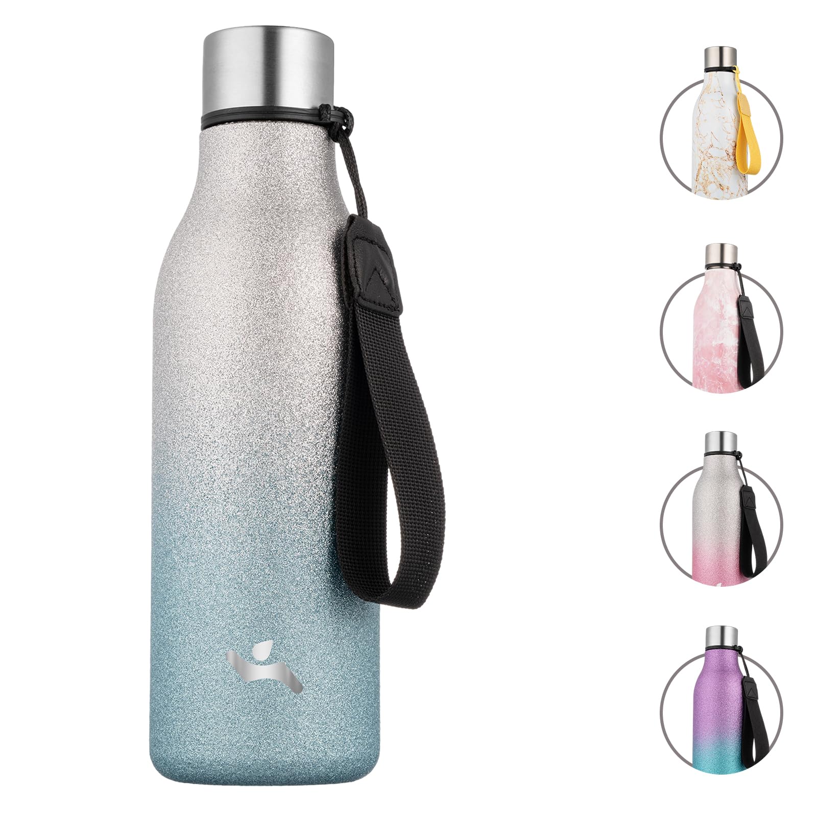 Photo 1 of Konokyo Insulated Water Bottle with Strap,18 oz Double Wall Stainless Steel Vacuum Bottles Metal Water Flask,Sparkling Silver Blue