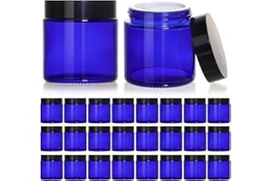 KEYWING 4oz Blue Glass Cosmetic Jars with Black Lids, 24 Pack Empty Small Glass Jars with Inner Liners for Cream, Lotion, Ointments, Powder