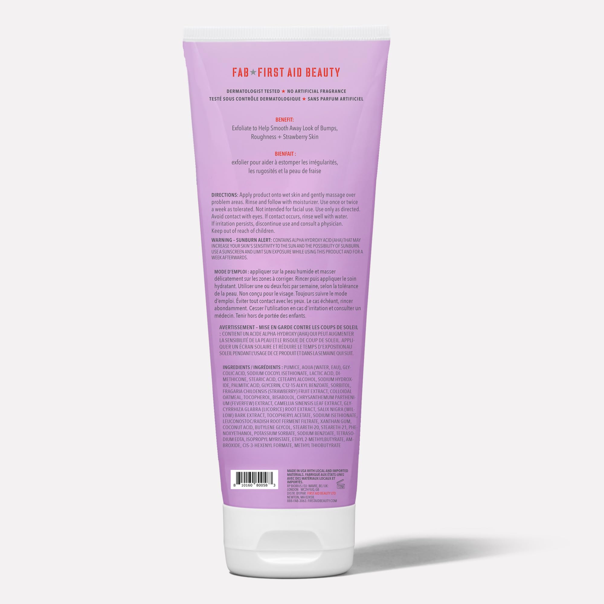 First Aid Beauty - KP Bump Eraser Body Scrub with 10% AHA, Keratosis Pilaris Exfoliator with Glycolic and Lactic acids, Helps Reduce Chicken Skin Bumps, Safe for Sensitive Skin, Strawberry Scent, 8 oz