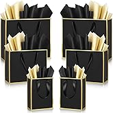 Yeaqee 12 Sets Metallic Paper Gift Bags with Handle Tissue Paper Include 8", 10", 13" Thank You 5 Senses Gift Bags for Him Her Birthday Wedding Groomsmen Bridesmaid Anniversary Favor(Black, Gold)