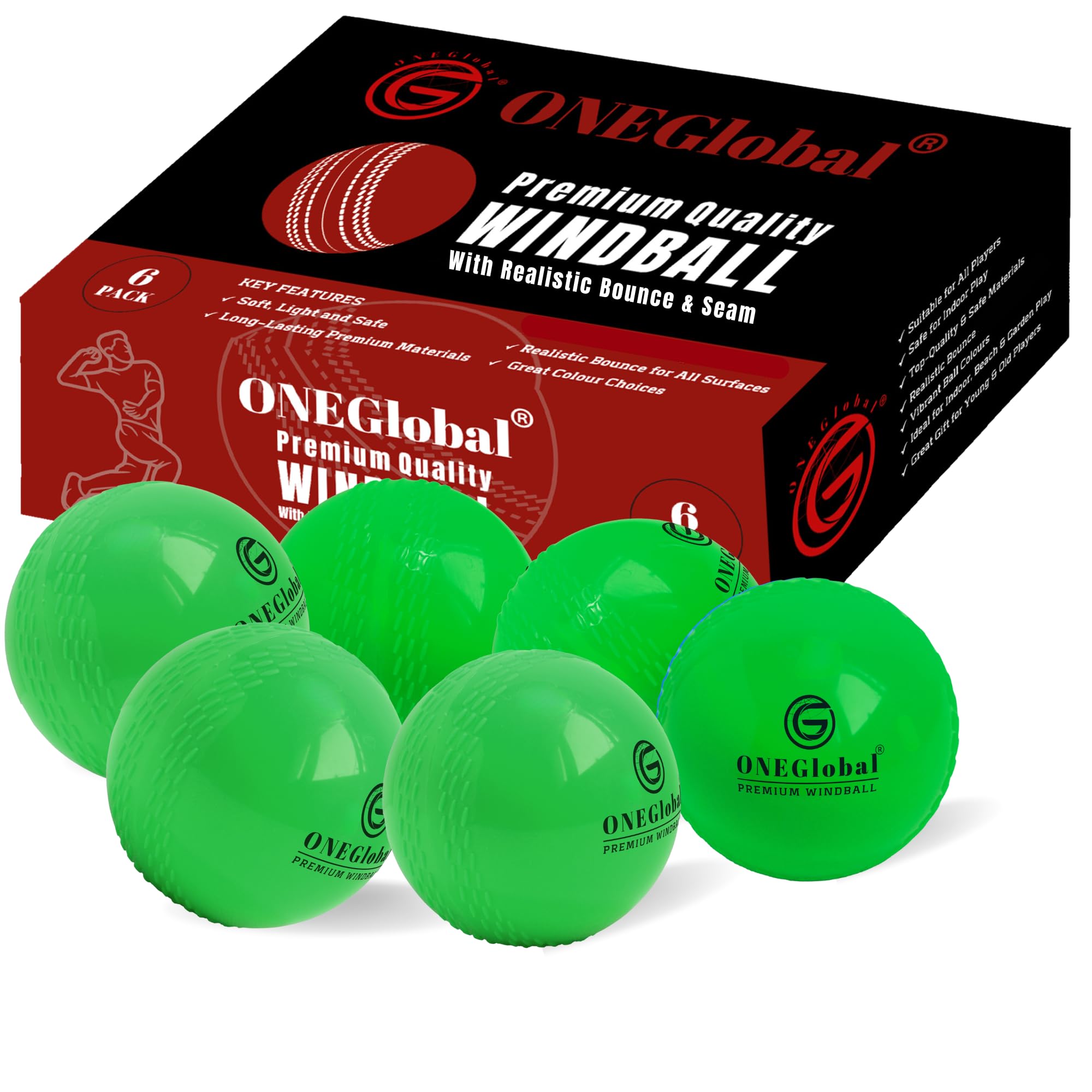 ONEGlobal Premium Windball Soft Cricket Ball | Durable, Embossed Seam, True Bounce & Swing | Wind Ball Cricket Balls for Outdoor & Indoor Practice, Coaching, Garden & Beach Games (6-GREEN)
