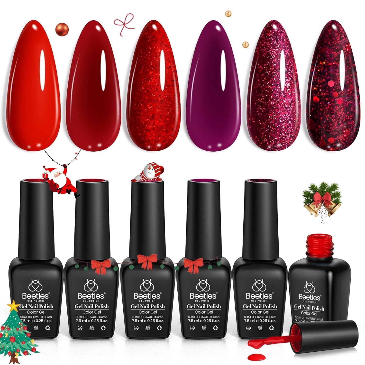 Beetles Christmas Gel Nail Polish, Poinsettia Collection 6 Pcs Dark Burgundy Red Glitter Soak Off UV Gel Nail Kit Nail Art Manicure Gifts for Women Girls