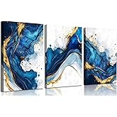 3Pcs Blue Gold Abstract Canvas Wall Art Modern White Blue Gold Foil Wall Decor Pictures Navy Blue and Gold Luxury Marble Posters Prints for Living Room Bedroom Home Decoration 16x24in