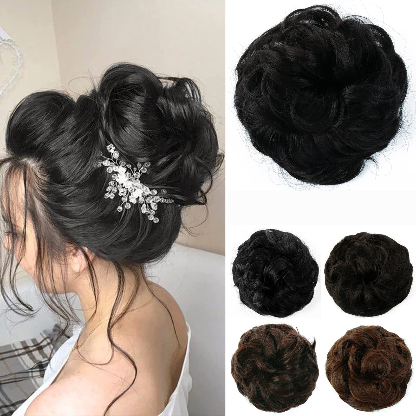JJstar Messy Hair Bun Curly Wavy Hair Scrunchies Accessories Pieces for Women Girls Synthetic Chignons (Off Black)