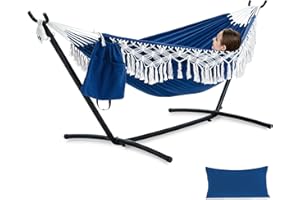 PNAEUT Handmade Tassel Hammocks, Double Hammock with Stand for Outside Indoor Outdoor, Max 450 lbs Capacity, Pillow & Storage Bag (Navy)