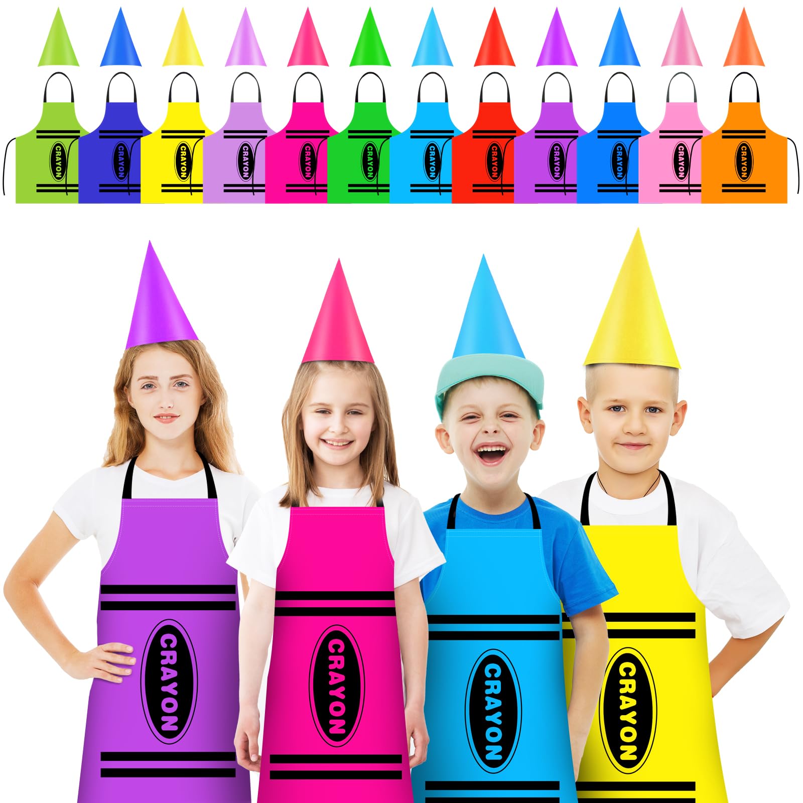 Photo 1 of 12 Set Color Crayon Apron and Funny Gnome Cone Hats for Family Fancy Dress Outfit Halloween Cosplay Birthday Party Dress (medium) Children size.
