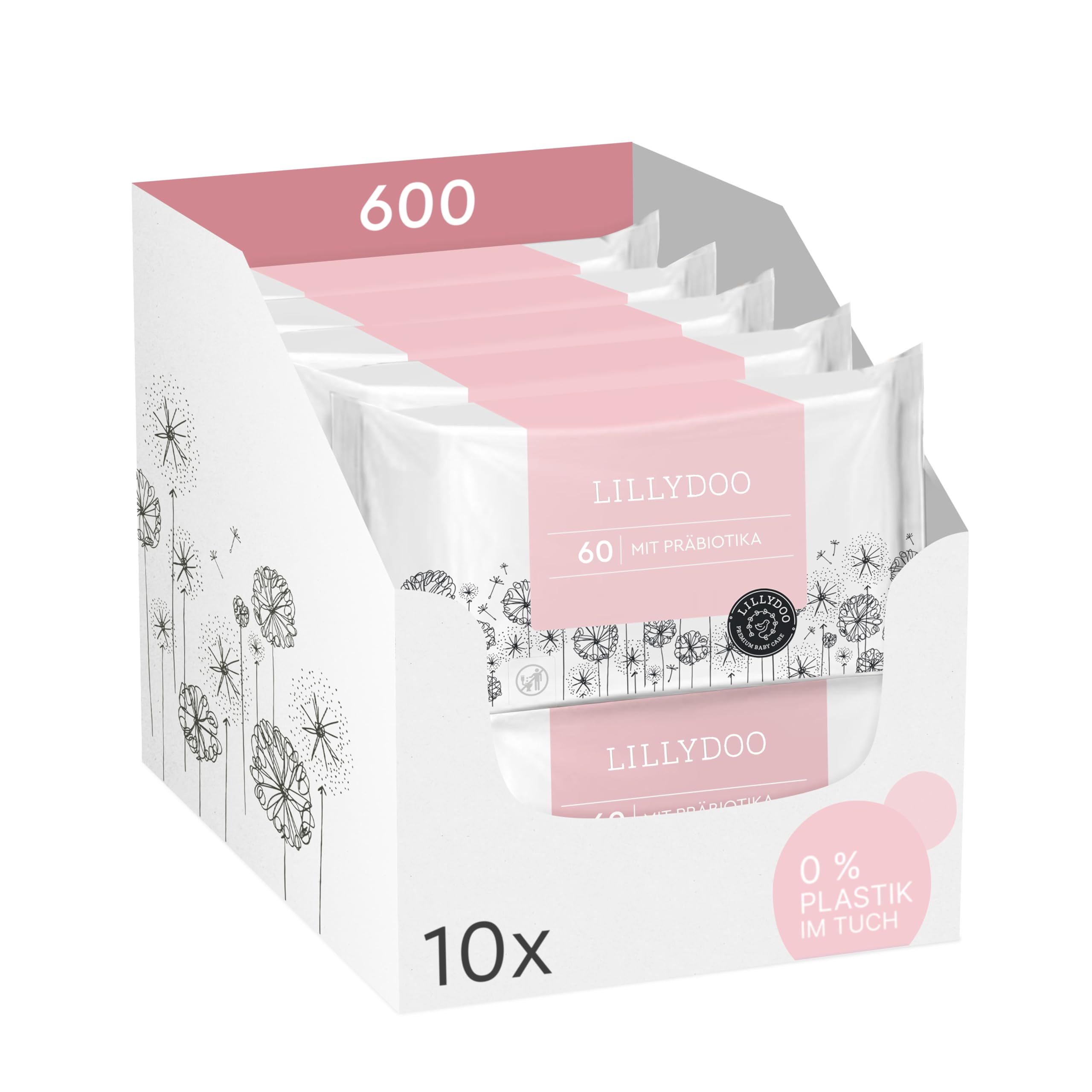 LILLYDOO Feuchttücher mit Präbiotika, 600 Stück (10 x 60), zur Stärkung der natürlichen Hautbarriere, 100% plastikfreies Tuch - sanft & ohne Parfüme, Dermatologisch getestet