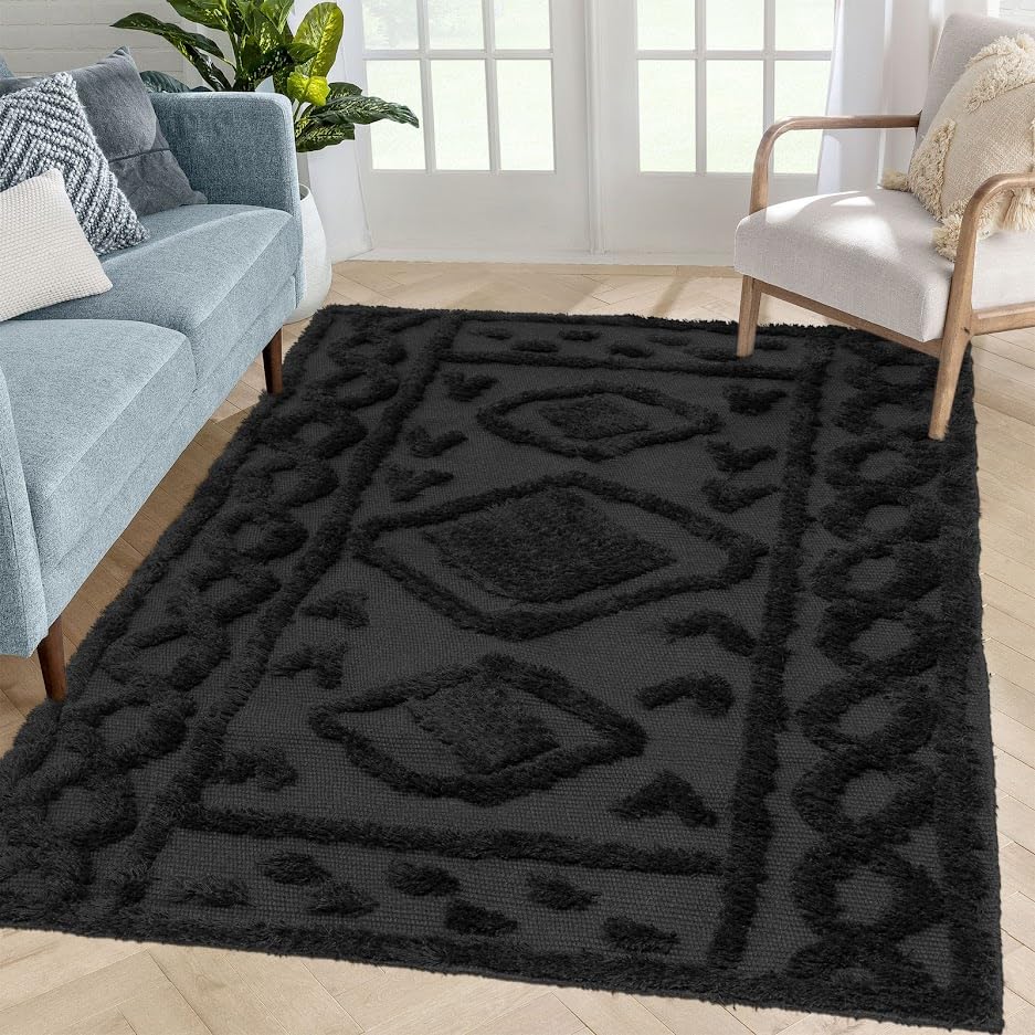 Photo 1 of AGELMAT Boho Area Rug 3'x5' Tufted Cotton Rug Accent Beside Rugs Farmhouse Washable Cream Bohemian Throw Carpet for Hallway Bedroom Kitchen Laundry Living Room Bathroom Black