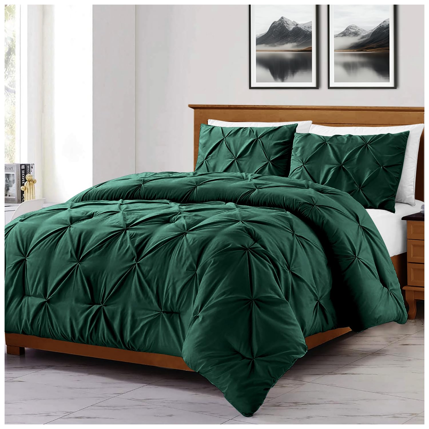 GC GAVENO CAVAILIA Pintuck Duvet Cover Single | Pinch Pleated Quilt Bed Covers Set With Matching Pillowcase | Polycotton Cosy Diamond Bed Linen Set | Green — image 1