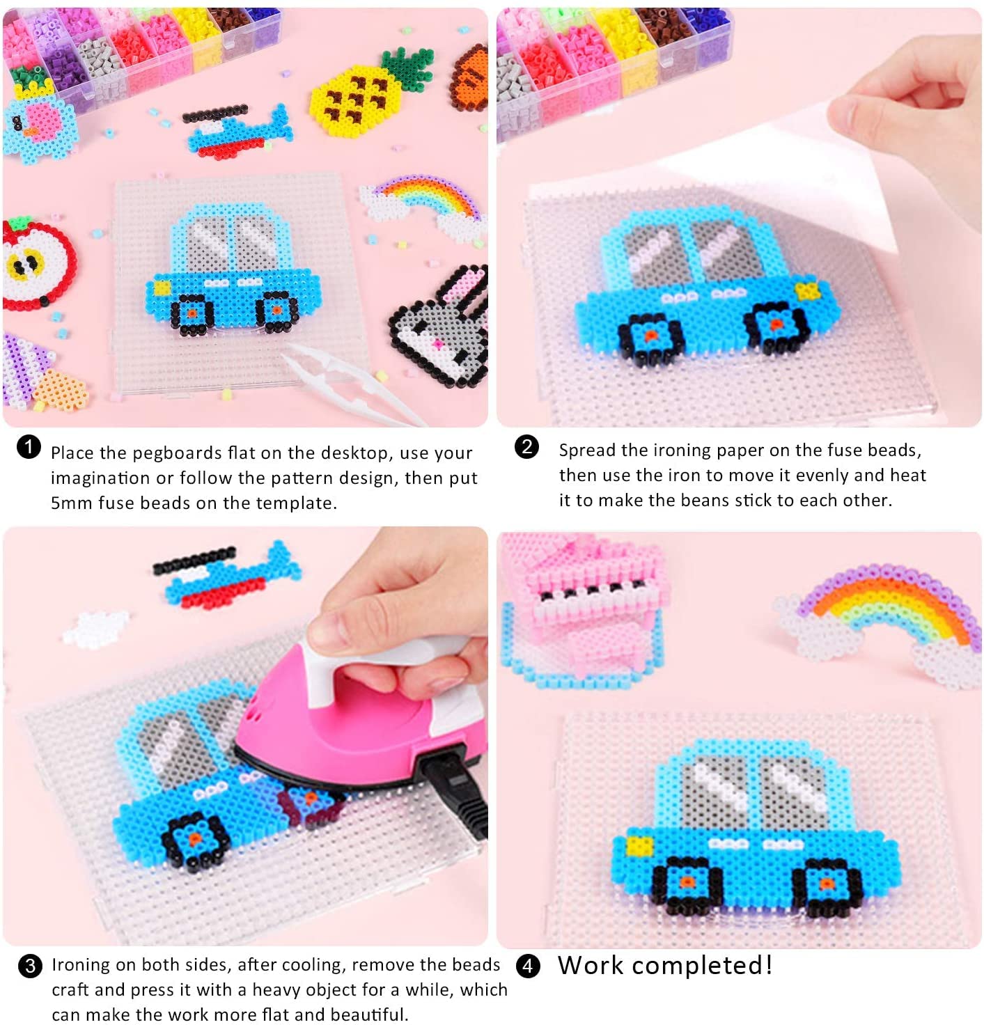 9pcs 5mm Large Square Fuse Beads Pegboards Plastic Beads Boards with Ironing Paper, Beads Tweezers Craft Beads