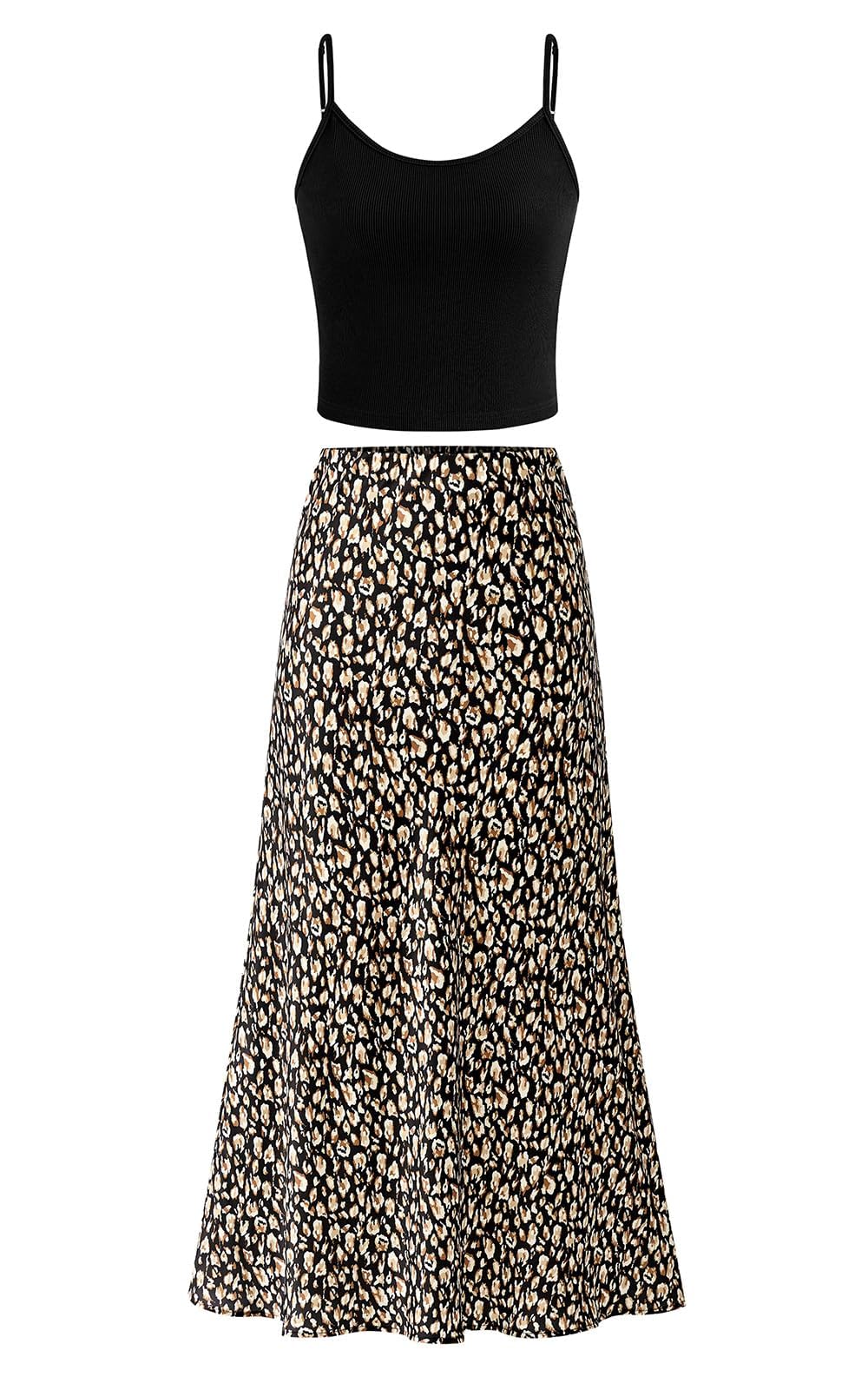 Photo 1 of *** MISSING BOTTOM ***PRETTYGARDEN Womens Trendy 2025 Floral Skirts Travel Outfits for Women 2 Piece Sets for Women Summer Skirt and Tank Top (Leopard Black, Medium)