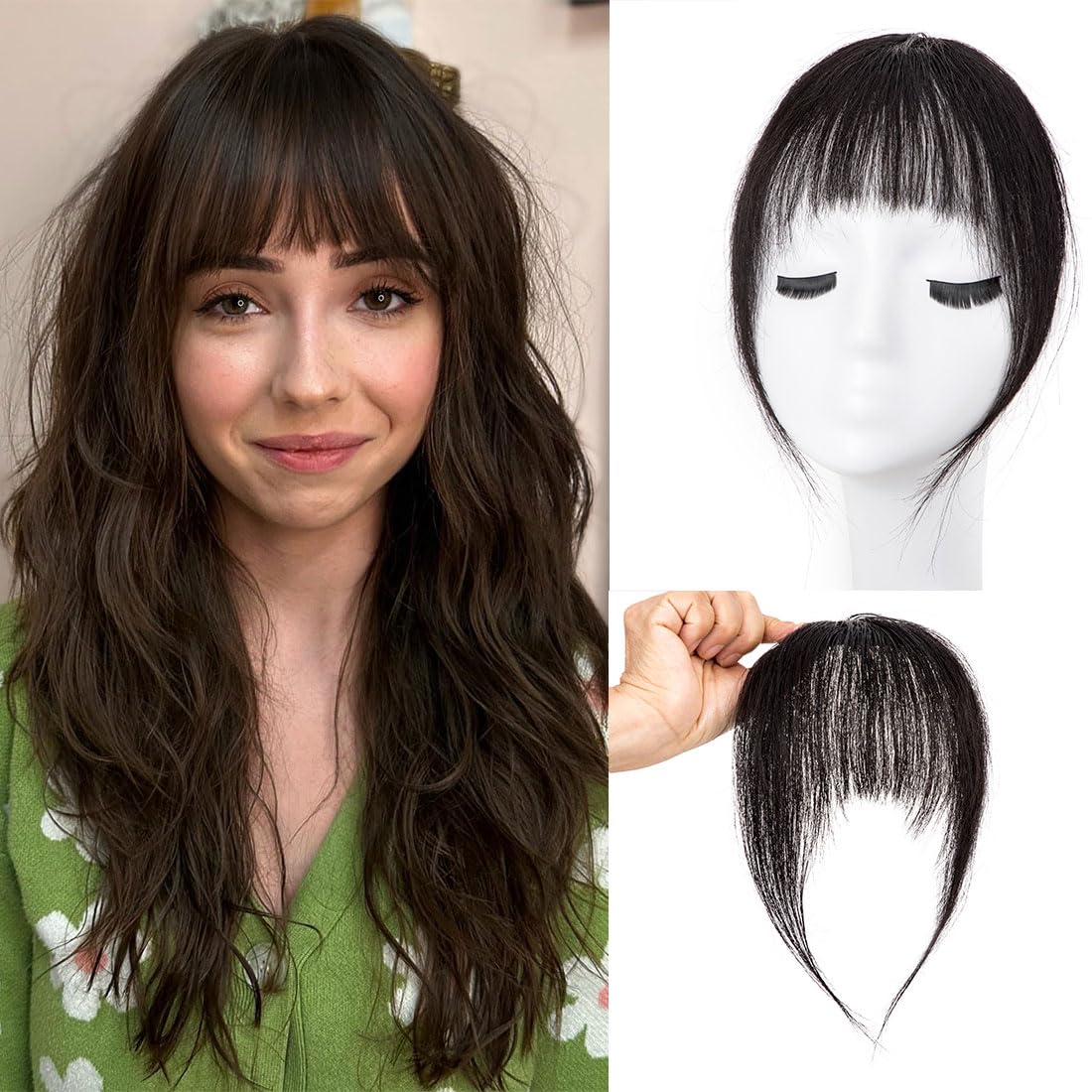 Clip in Bangs 100% Real Human Hair Extensions French Bangs for Women Fake Bangs Clip on Bangs Faux Hair extensions Fringe with Temples (Natural Black) — image 1