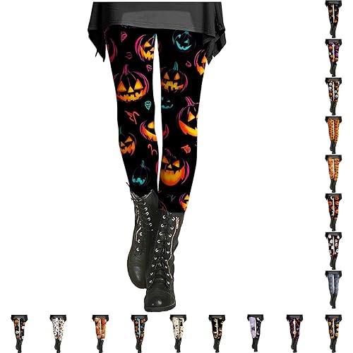 Nuaoxyeu Gothic Leggings Halloween Leggings for Women Pumpkin Ghost Skull Scary Print Yoga Pants Plus Size High Elasticated Waistband Gym Trousers Fashion