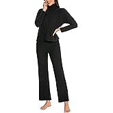 Nutria Women's Pajama Set Long Sleeve High Neck Striped Brushed Fleece Loungewear Soft 2 Piece Outfit Fall Winter D10
