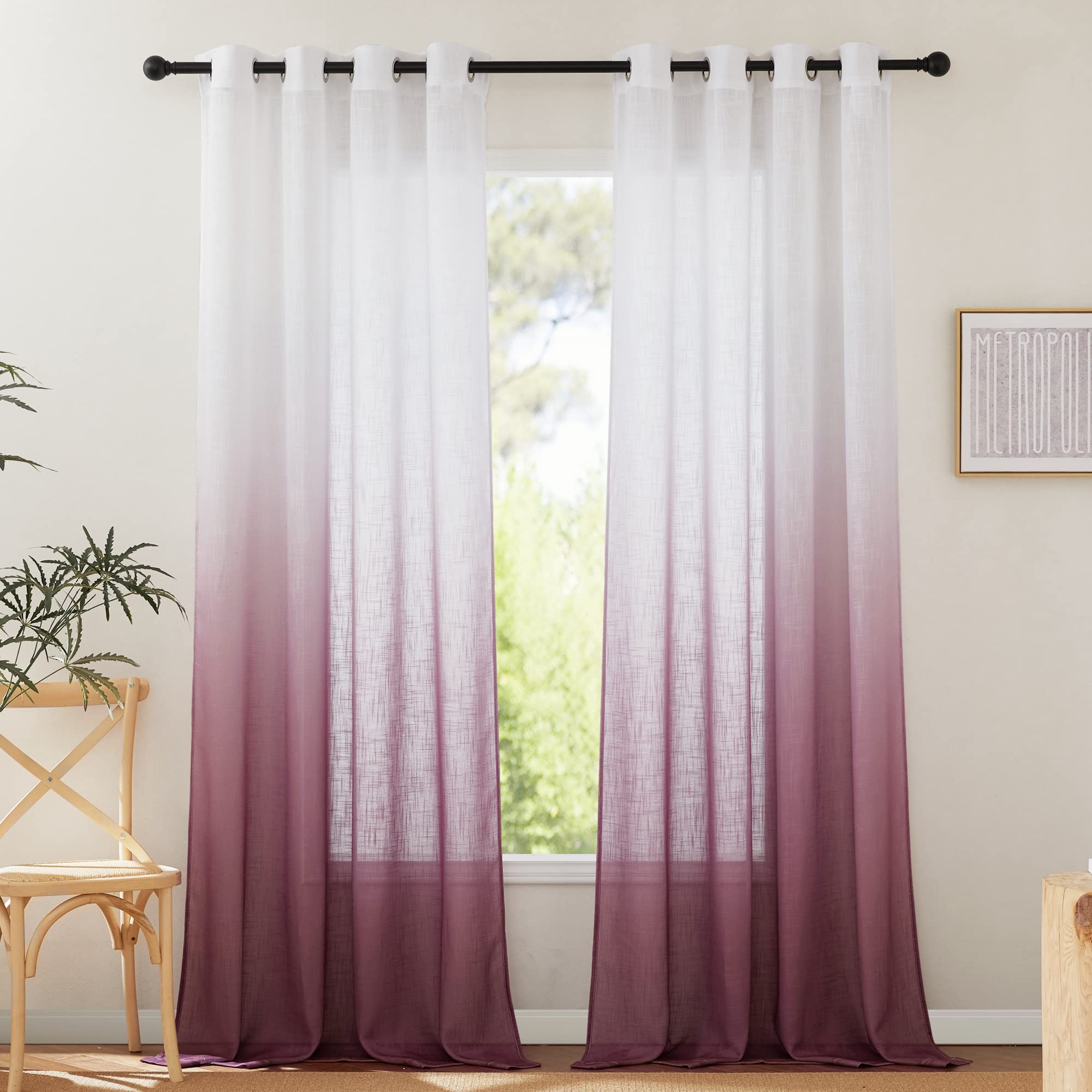 PONY DANCE Living Room Voile Curtains Linen Look Set of 2 H 260 x W 140 cm Colour Gradient Curtains with Eyelets for Sunlight Filters and Living Room Decorative Curtain Semi-Transparent, Wine Red