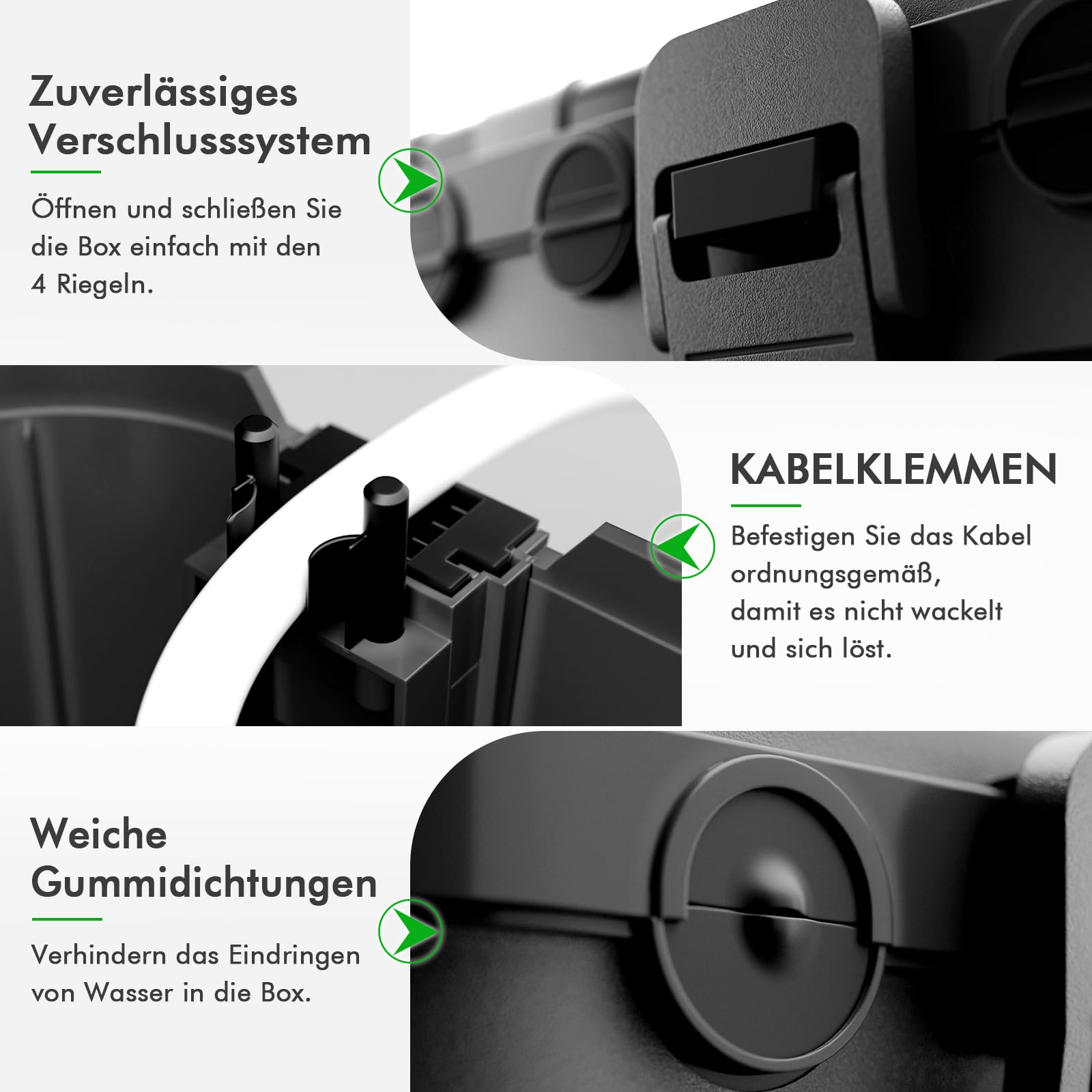 RESTMO große wasserdichte Kabelbox für den Außenbereich (Outdoor), IP54 wasserdicht, wetterfester Elektrokasten zum Schutz von Verlängerungskabel, Steckdosenleisten, Außensteckern (32x22x13cm)-Schwarz 3