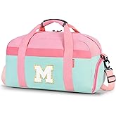 Initial Kids Duffle Bag for Boys or Girls, Kids Overnight Bag with Shoe Compartment, Personalized Weekender bags, Birthday Gifts for Women Boys Girls(Pink Green-Letter M)