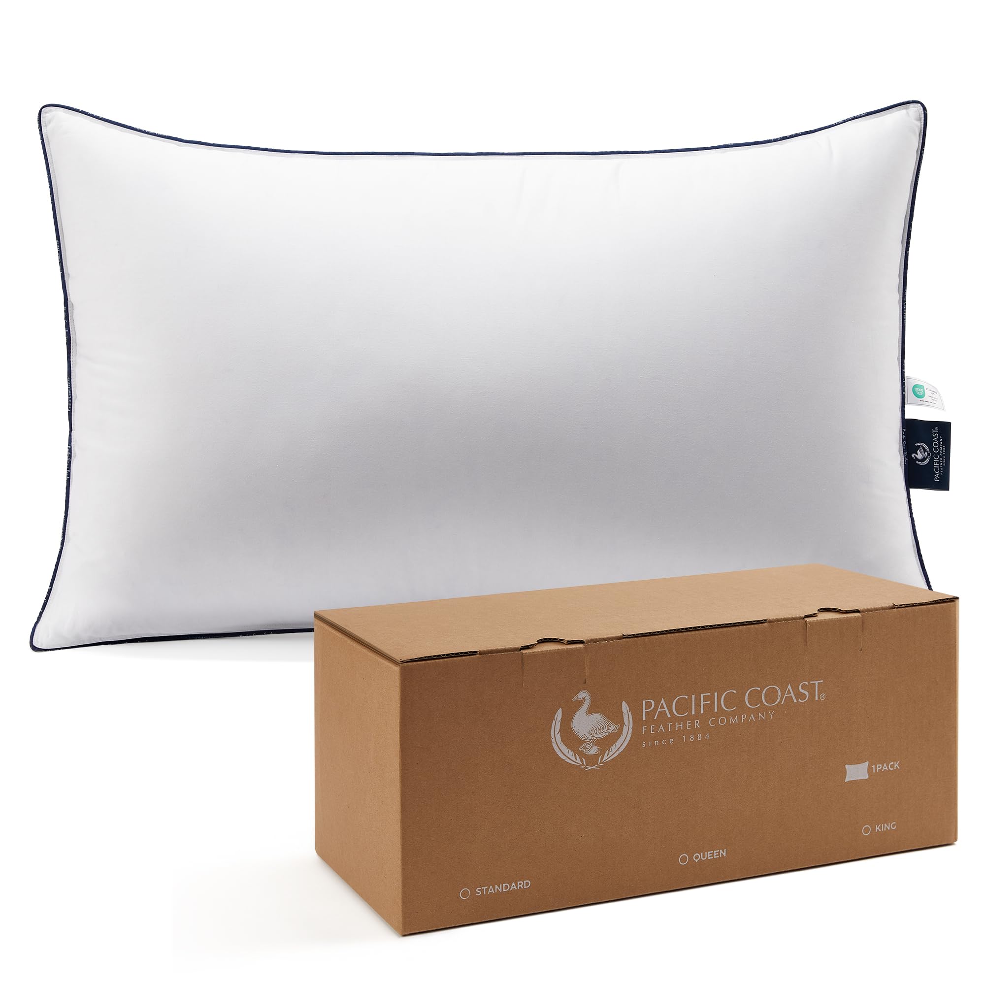 Photo 1 of Pacific Coast Bed Pillow, Hotel Goose Feather and Down Pillow for Sleeping, 3-Chamber Pillow with High Thread Count 100% Cotton Shell, Queen Size