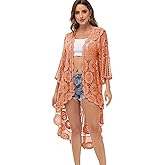 Anna-Kaci Women's Crochet Long Vest Boho Short Sleeve Kimono Cardigan Swimwear Cover up
