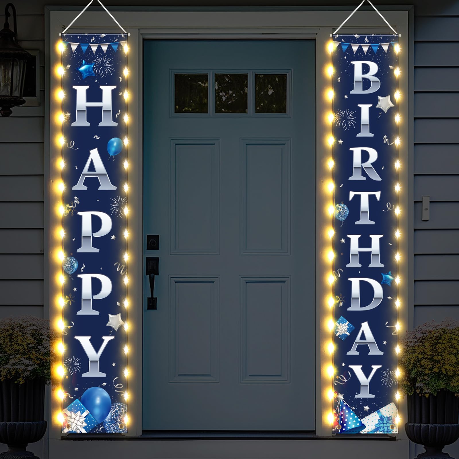 Photo 1 of Breling Happy Birthday Banner with Lights 71 x 12 Inch LED Happy Birthday Decoration Door Banner Party Porch Sign Outdoor Indoor Hanging Supplies for Women Men(Blue Silver)