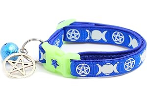 PUGS TO PERSIANS Wicca Cat Collar with Occult Charm & Bell | Witch’s Familiar Cat Collar | Witch Kitten Collar Charms | Glow in The Dark | Safety Breakaway Collar (Small(10lbs & Less), Solid Blue)