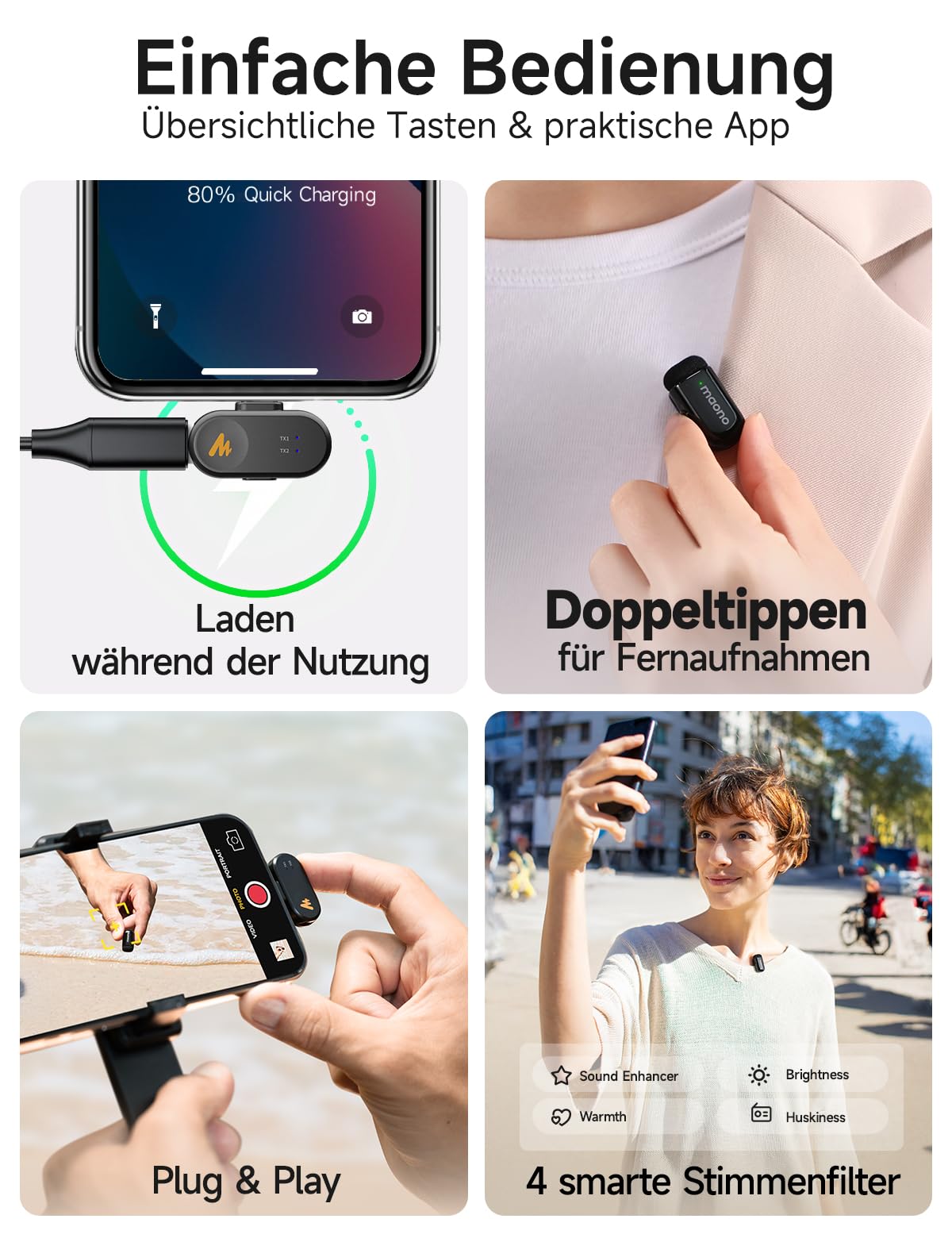MAONO Kabelloses Handy Mikrofon - USB-C Wireless Mini Mikrofon für iPhone 17/16/15 Android, 4 Level Rauschunterdrückung, KI Stimmenwechsel, 30h Laufzeit, Mic für Vlog, YouTube, Aufnahmen, Wave T1 Mini 9