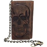 Biker Skull Chain Wallet RFID Signal Blocking Men's Vintage Leather Long Tri-fold Chain Checkbook Card ID Wallet (Skull Brown)