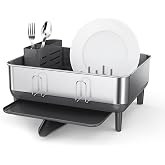 simplehuman Steel Frame Dishrack, Compact Dish Drying Rack for Small Kitchens, 360&ordm; Easy Drain Swivel Spout, Anti-Residue Coating, Moisture Control Surface, Brushed Stainless Steel