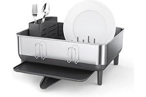 simplehuman Compact Kitchen Dish Drying Rack with Swivel Spout, Fingerprint-Proof Stainless Steel Frame, Grey Plastic