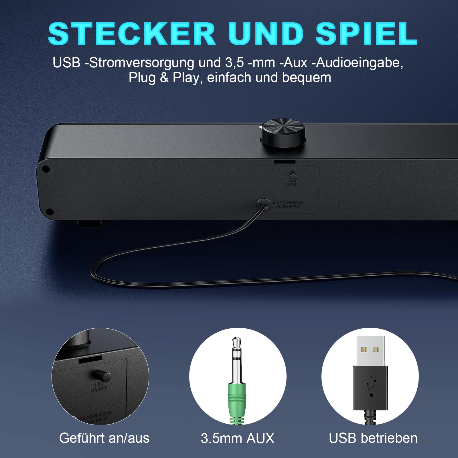 HPYLIF·H USB PC Lautsprecher, PC Soundbar,Computer Gaming Lautsprecher mit Surround Stereo Audio Buntes RGB Licht,Wired Soundbar für Notebook,PC,Laptop,Desktop - Plug and Play 5