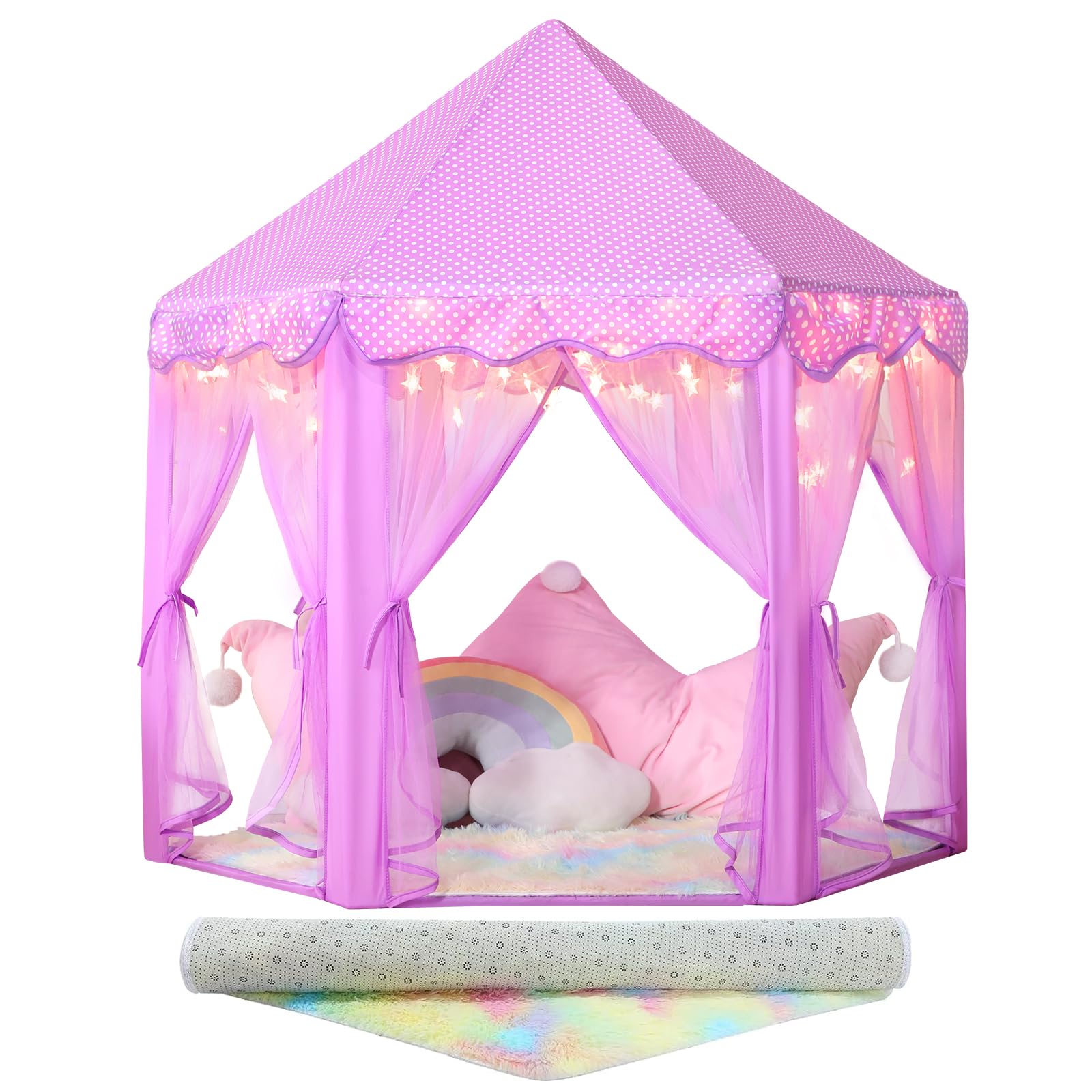 Senodeer Princess Tent for Girls Indoor: with Rainbow Rug, Star Lights - Purple Play Tent for Kids, Girls Toys for Indoor Princess Games Image