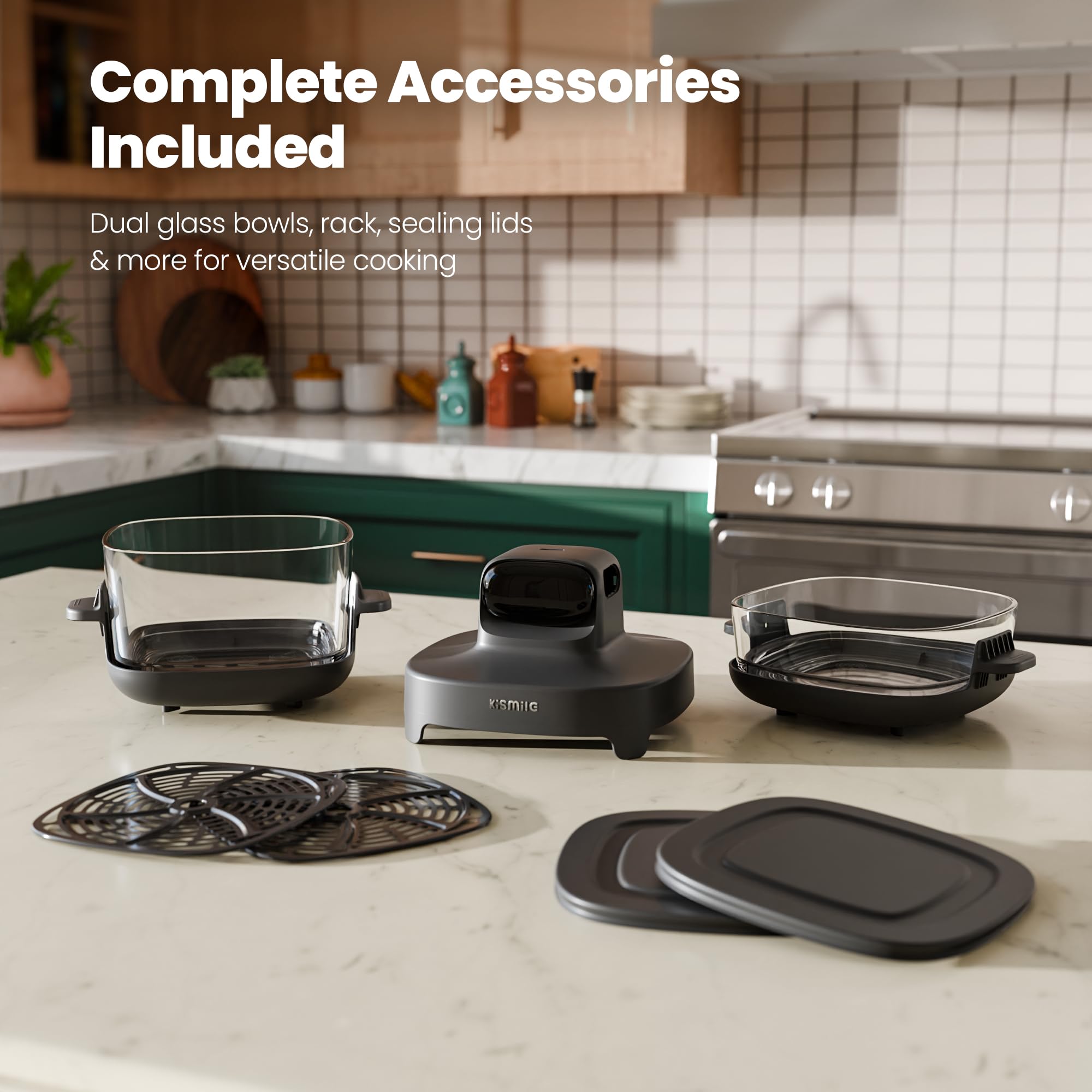 Kismile Freidora de aire de vidrio portátil 5 en 1, recipientes de vidrio dobles con tapas de 2.6QT y 4.7QT, 85% menos de aceite, horno freidora de aire inteligente compacto para asado profundo, crujiente, mantener caliente - Apto para congelador y lavavajillas