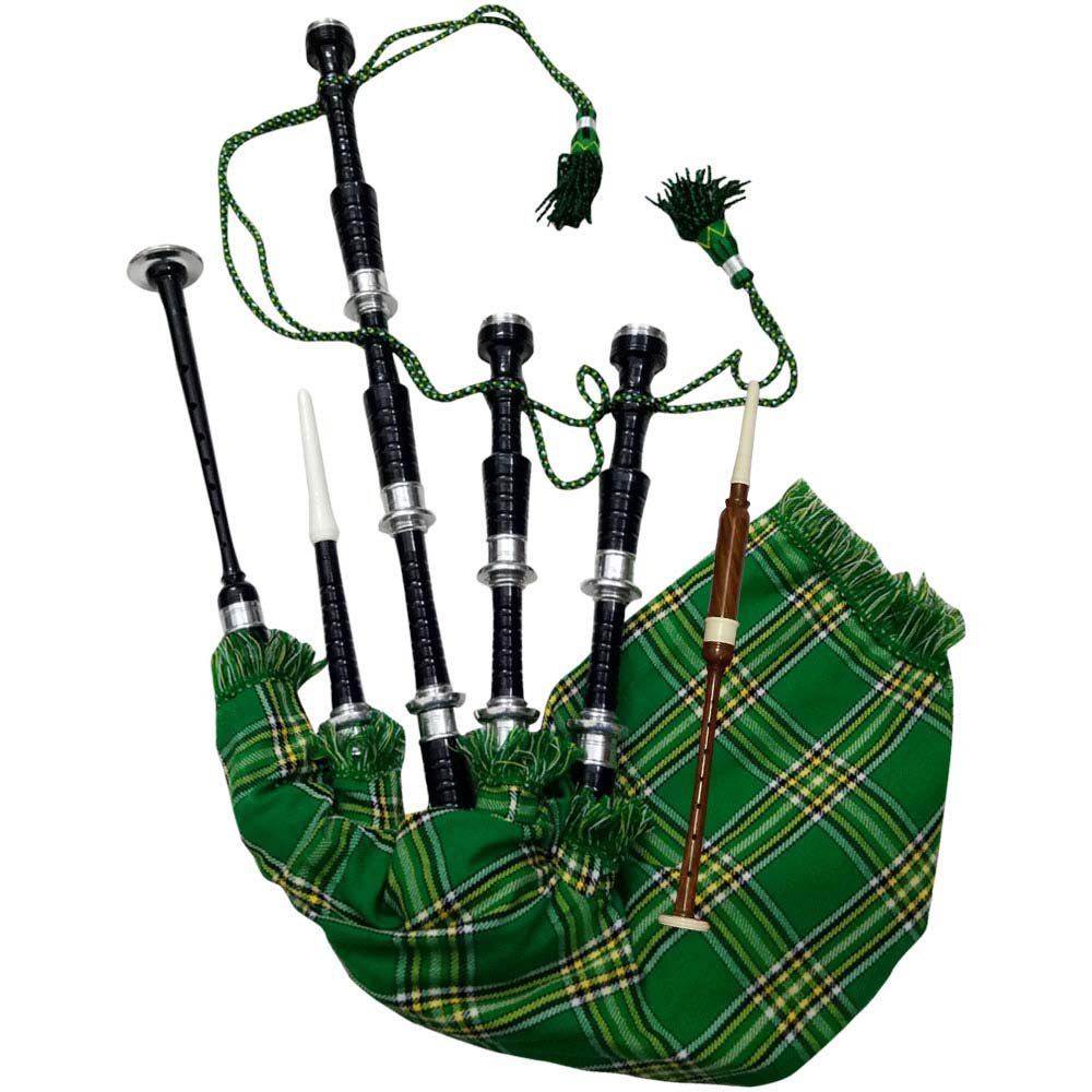 Scottish Full Size Bagpipe Silver Plain Mounts Black Finish Highland Bagpipes with accessories (Black, Irish National)