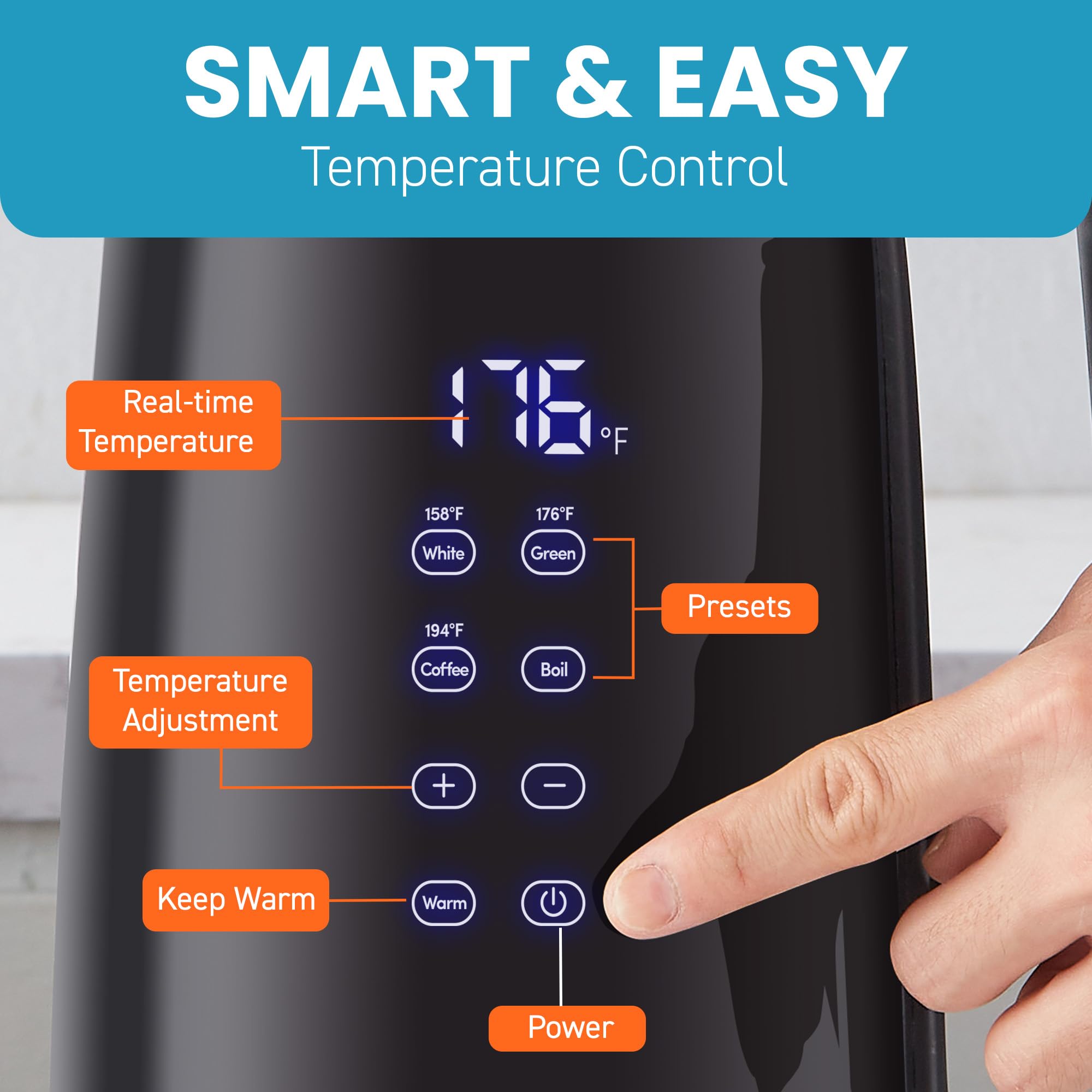 Elite Gourmet EKT8717 1.7L Dual Wall Cool Touch Electric Tea Kettle, Borosilicate Glass, 304 Stainless Steel Interior, Programmed Digital Touchscreen, Keep Warm, Auto Off & Audible Indicator, Black - Image 6