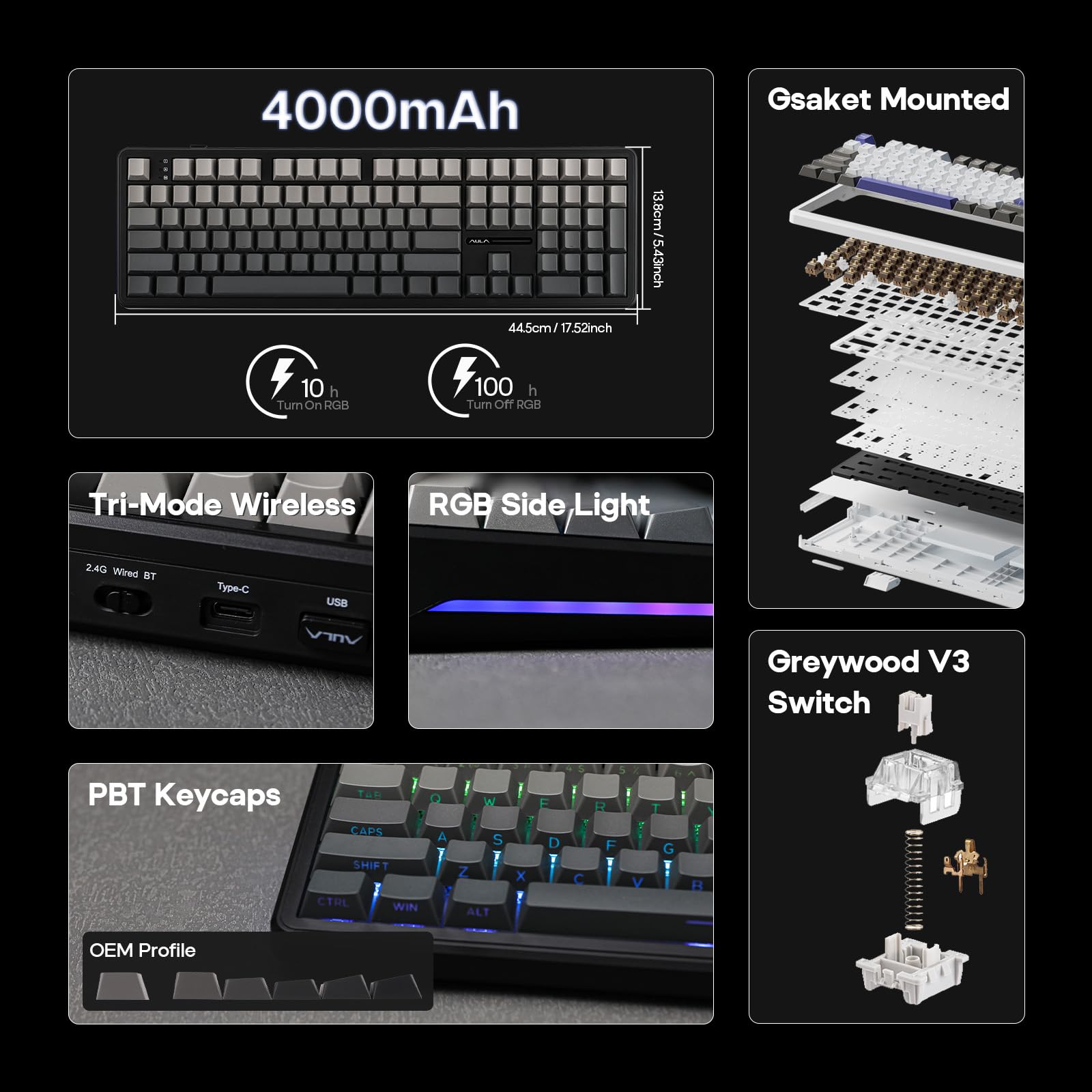 EPOMAKER AULA F108 Wireless Gaming Keyboard Full Size Mechanical Keyboard with 8000mAh Battery, 108 Hot Swappable Programmable Keys RGB Backlight for Mac/PC/Android Certified (Black Gradient, Graywood