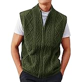 Runcati Mens Full Zip Sweater Vest Cable Knitted Cardigan Stand Collar Casual Sleeveless Sweaters