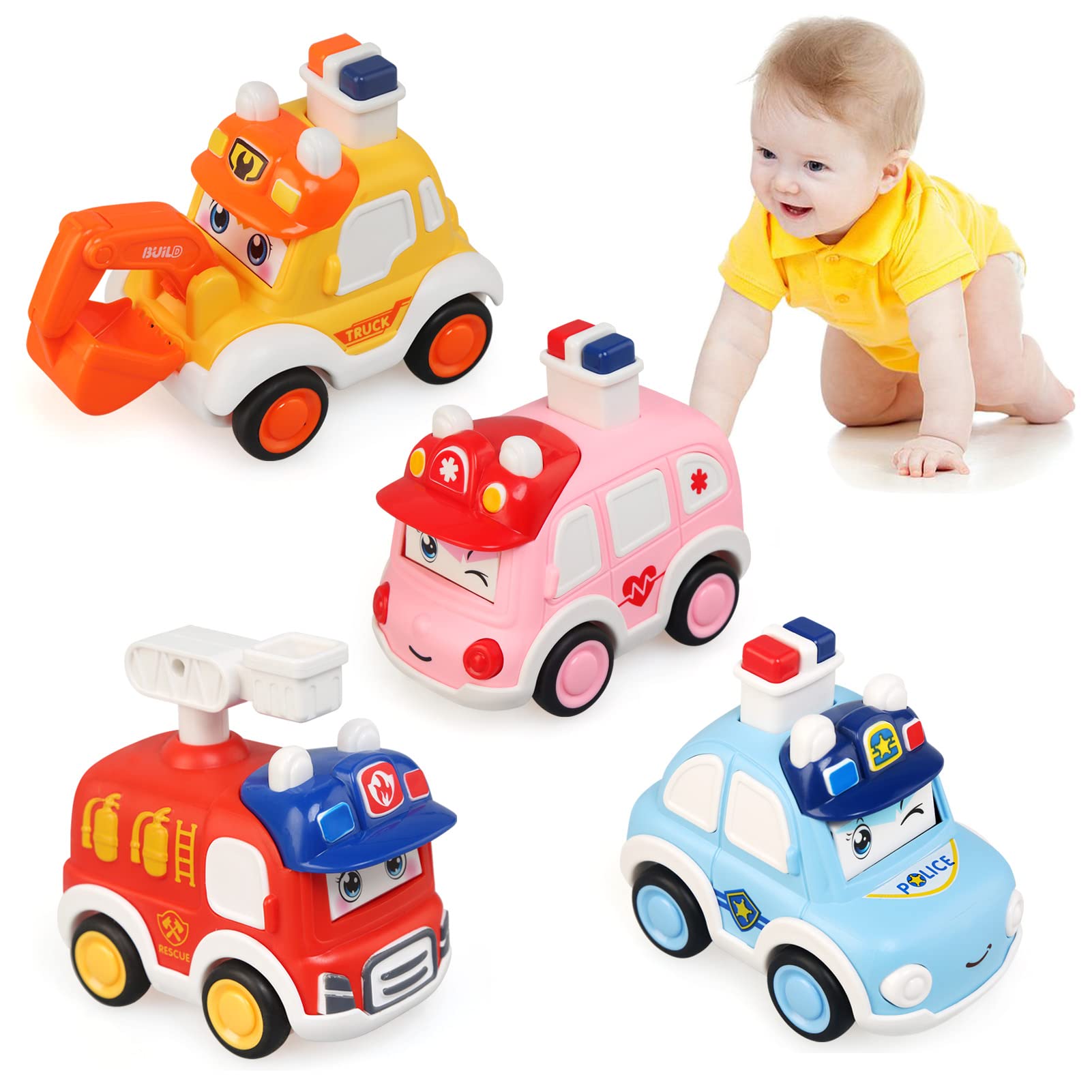 JoyPlus 4Pcs Baby Toy Cars, Press and Go Baby Toy Cars for 1 2 3 Year Old Toddlers, Cartoon Wind up Car Set, Car Toys Set Early Educational Toys Gifts for 1 2 3 Year Old Kids Boys Girls