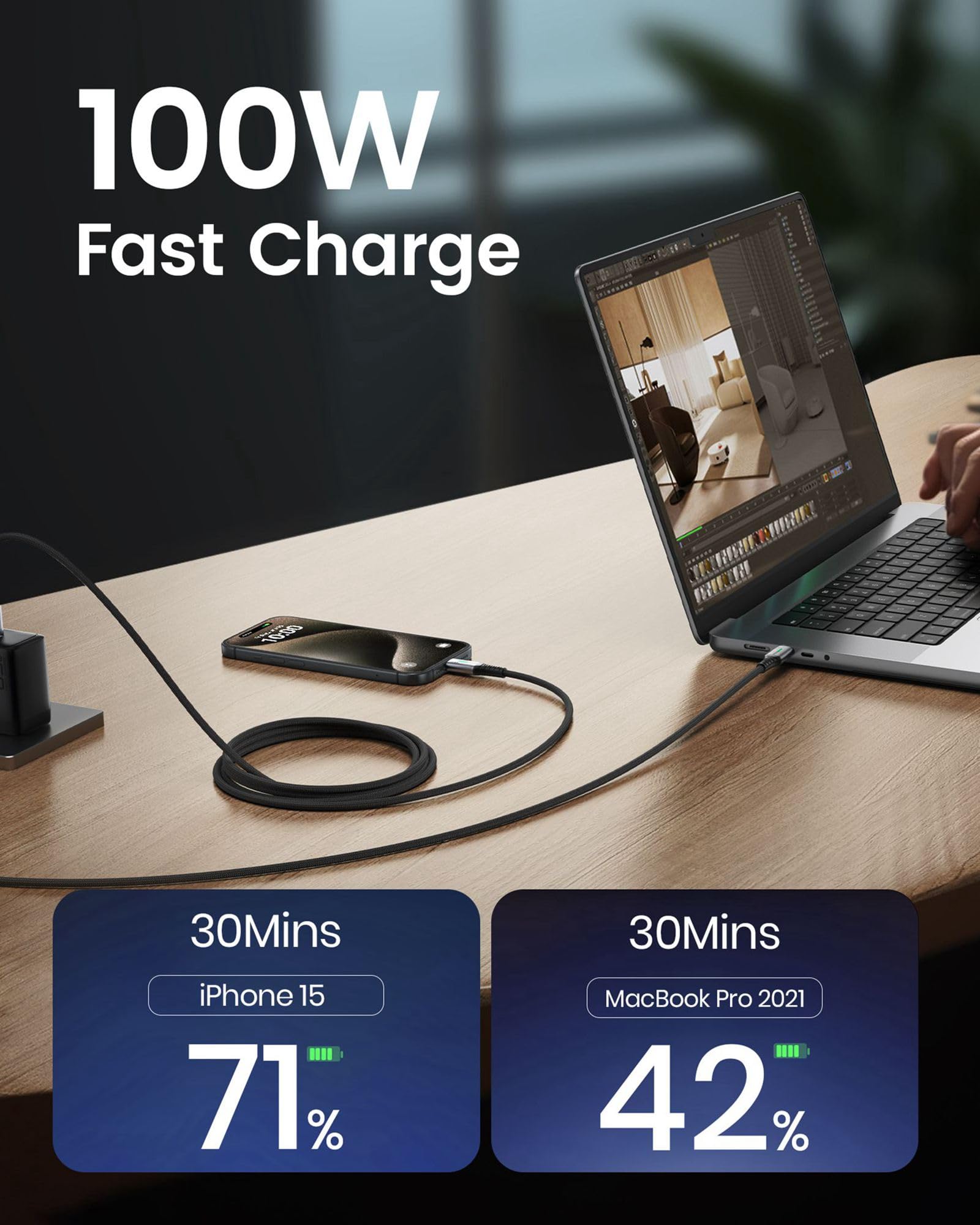 INIU USB C Cable, [6.6ft/2m] 100W PD USBC to USBC Charger Cable Fast Charging, Nylon Braided Type C to C Power Cord Data Cable USB-C for iPad Air MacBook Pro iPhone 16 15 Samsung Galaxy S23 S22 A9