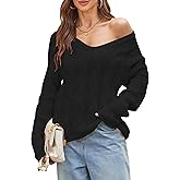 Cakulo Womens Oversized V Neck Off The Shoulder Sweaters Cable Knit Pullover Fall Sweater 2025